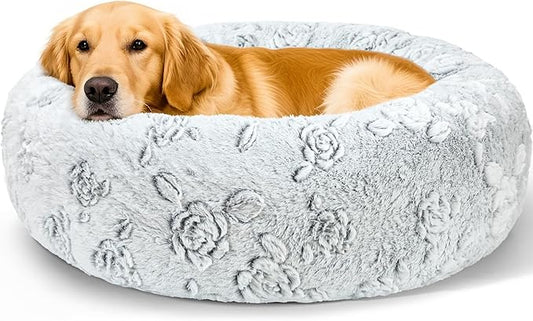 Dog Calming Beds for Small Medium Large Dogs - Round Donut Washable Puppy Dog Bed, Anti-Slip Faux Fur Fluffy Donut Cuddle Anxiety Cat Pet Bed (36" Rose)