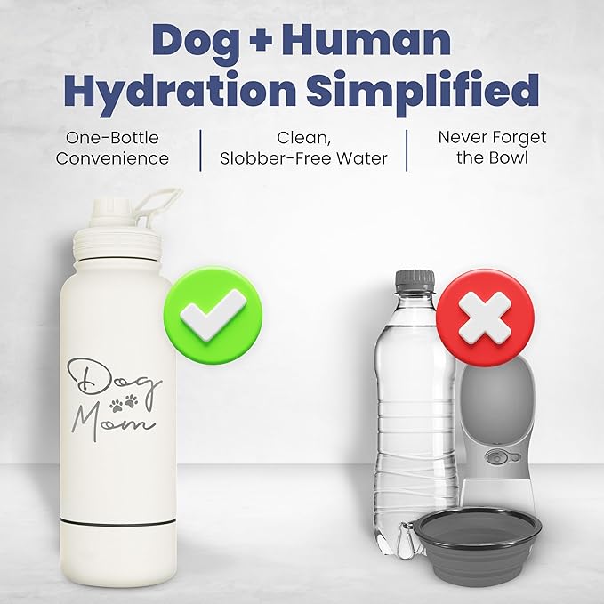 Dog Mom Water Bottle - 32 oz Stainless Steel Double Wall Insulated with 8 oz Detachable Bowl on Bottom - Cool Dog Mom Gifts for Women for Hiking, Walking, Travel and Everyday Adventures - DM Cream