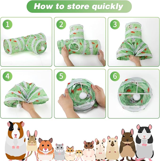 Rypet Guinea Pig Tunnel 3 Way Collapsible Small Pet Tunnels and Tubes with Interactive Ball for Baby Rabbit Ferret Hamster Chinchilla Hedgehog Hiding and Resting-Green