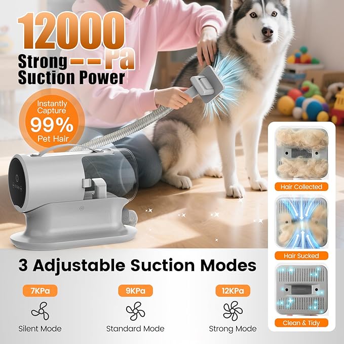 AIRROBO Dog Grooming Vacuum and Kit with Clipper Nail Trimmer Grinder, 12000Pa Pet Vacuum for Shedding Grooming, 2L Large Capacity Dog Hair Vacuum with 8 Pet Grooming Tools, PG100 Plus