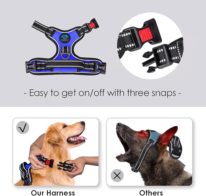 PHOEPET No Pull Dog Harness Medium Reflective Front Clip Vest with Handle,Adjustable 2 Metal Rings 3 Buckles,[Easy to Put on & Take Off](L, Royal Blue)