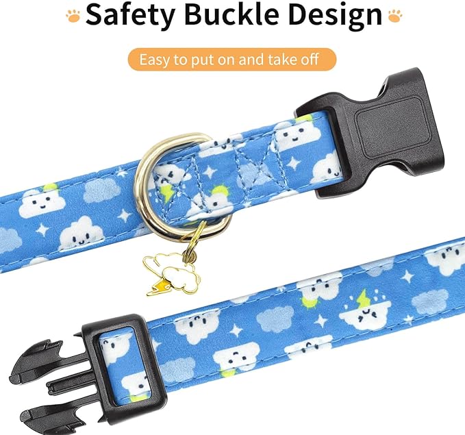 Cotton Dog Collar,Adjustable Cute Puppy Collar with Moon Patterned Design for Small Medium Large Dogs,Soft and Fancy Pet Collar with Safety Buckle for Girl Boy Dogs (Blue Cloud, L)
