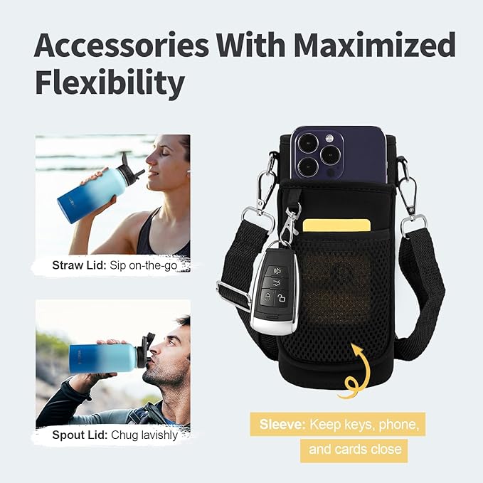 32 oz Insulated Water Bottle with Straw (Cold for 48 Hrs), Stainless Steel Triple Wall Vacuum Sports Water Jug, Leakproof Hydro Cup Flask with Paracord Handle & Straw Spout Lids & DIY Stickers