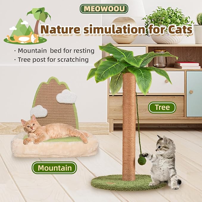 Meowoou Cat Scratching Post with Hanging Ball,23.6 inch Tall Cute Cat Toys for Indoor Cats with Sisal Rope,Palm Decor Cat Tree Tower for Kitten Scratcher Green