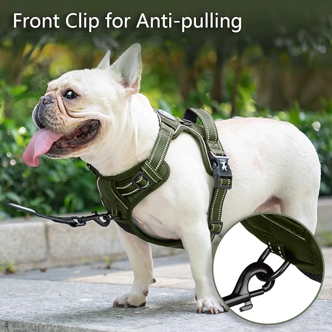 PoyPet No Pull Dog Harness, No Choke Reflective Dog Vest, Adjustable Pet Harnesses with Easy Control Padded Handle for Small Medium Large Dogs(Military Green,L)