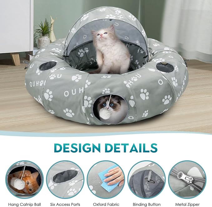 Cat Tunnel Bed for Indoor Cats, Donut Tunnel with Mat, Straight Tunnel, 4 Hanging Balls and Blackout Tent, Collapsible Peekaboo Cat Cave