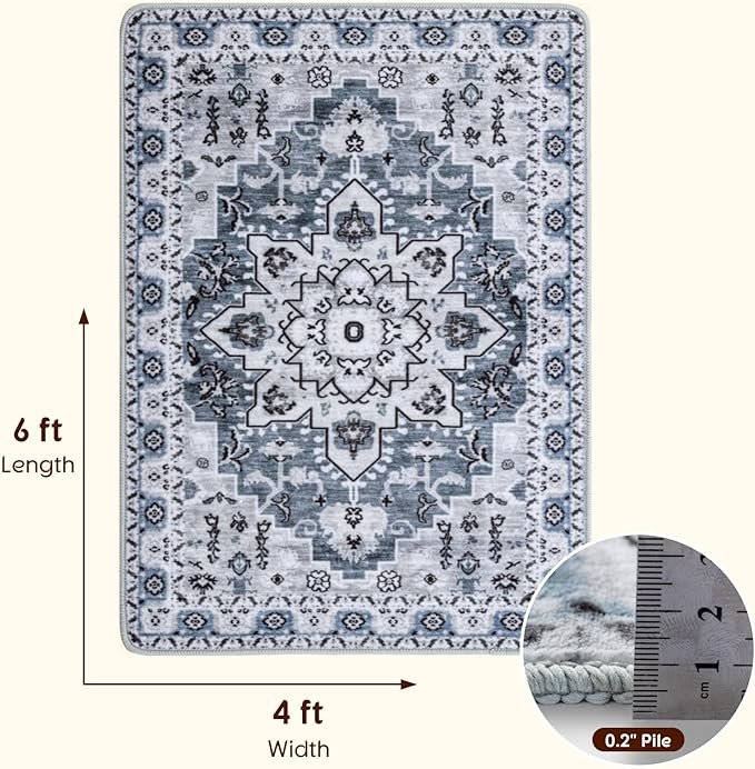 LBRO2M Boho Rug 4X6 Washable Rugs for Bedroom Non Slip Indoor Rugs, Soft Low Piles Carpet Blue Foldable Rug for Living Room Pet Friendly Area Rugs Stain Resistant (4'X6' Blue)