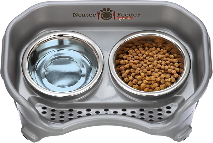 Neater Feeder Express Mess Proof Dog Bowls Elevated for Small Breeds Under 15 Lb, Made in USA, No Spill Raised Dog Food Bowl Stand, Stainless Steel Food and Water Bowl Set, Feeding Station, Grey