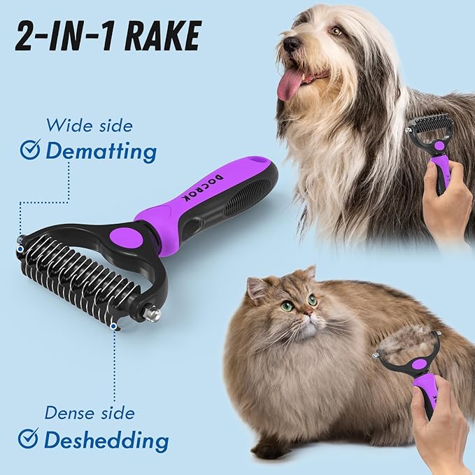Pet Grooming Brush and Metal Comb Combo - Undercoat Rake for Dematting and Deshedding Long Matted Haired Dogs and Cats, Purple