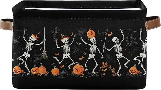 Halloween Skeleton Black Storage Basket with Waterproof Liner and PU Handles Spooky Skull Pumpkin Storage Bins Boxes 14.2" Collapsible Decorative Organizer Baskets for Bedroom Closet Office 1 Pack