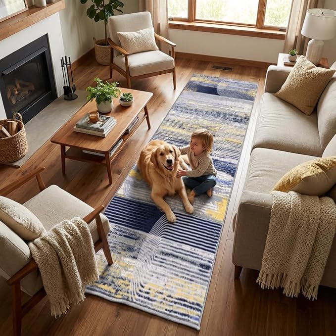 Muddy Mat짰 Horizon 3ft x 7ft Washable Area Rugs for Living Room, Bedroom & Dining Room ??Modern Soft Low Pile Non Slip Carpet ??Pet Friendly Waterproof Foldable Rugs for Home