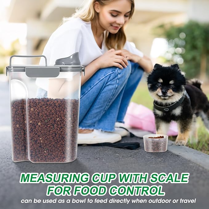 TBMax Large Cat Food Storage Container, Portable Dog Food Container with Upgraded Large Spout and Cup, Travel Pet Food Storage Dispenser for Small Animal Kibble Storage, Bird Seed Container - Grey