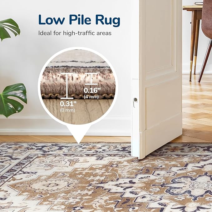 Lessymo 2 x 4 Entryway Rug, Machine Washable Area Rugs Boho Faux Wool Low Pile Area Rug for Bedroom, Floral Medallion Vintage Outdoor Rugs with Non-Slip Rubber,Brown Beige