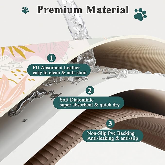Topotdor Boho Dog Food Mat for Floors, Absorbent Quick-Dry Cat Pet Feeding Mat, Non-Slip Dog Bowl Mat for Food and Water, Pet Placemat for Dogs, Cats, Puppy Accessories, 12"x20", Pink