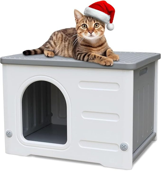Waterproof Outdoor Cat House, Plastic Cat House for Outdoor Cats Feral Cat House, Sturdy Cat Bed for Small Pet, Spacious, Assemble Easily-Grey