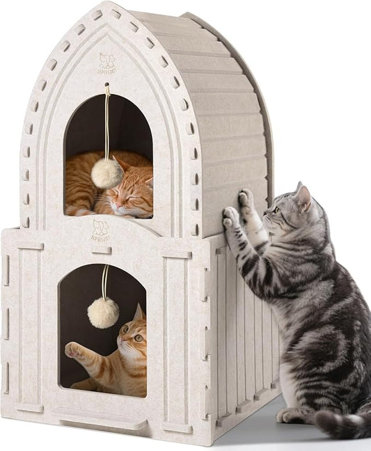 Apasiri 2-Story Cat House for Indoor Cats: Convertible 2-in-1 Felt Cat Condo, Scratch-Resistant, Hideaway Cave for Multi Small Pet Kitten to Relief Anxious, Transitional Modern Cat Furniture