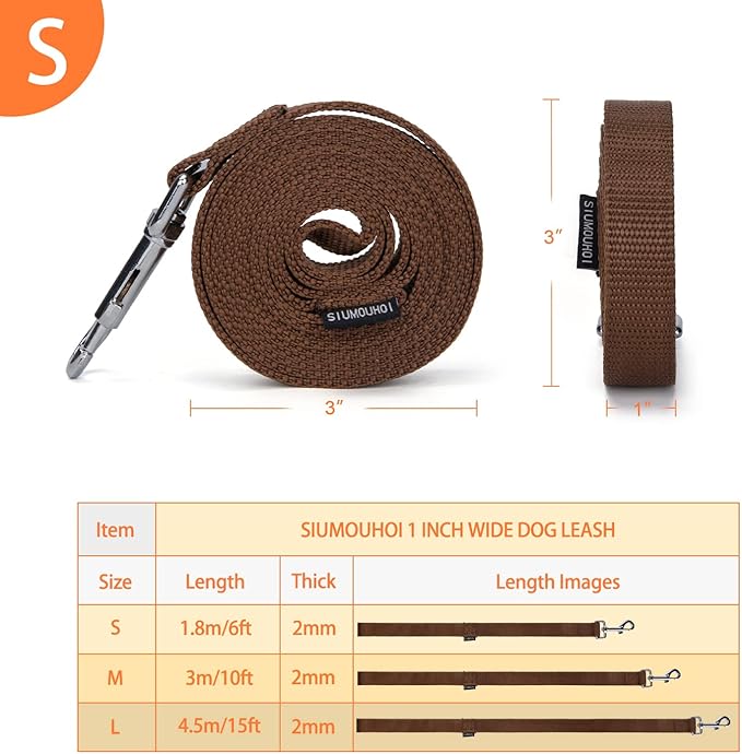 Strong Durable Nylon Dog Training Leash, 1 Inch Wide Traction Rope, 6 ft 10ft 15ft Long, for Small and Medium Dog (Brown, 6 Feet)