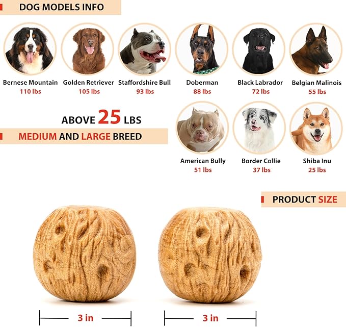 Willjoy 2-Pack Dog Chew Toys for Aggressive Chewers, Indestructible Ball-Shaped Dog Toys with Natural-Looking Grooved Texture, Durable Pine Wood & Tough Nylon, Bacon Flavor for Large Dogs
