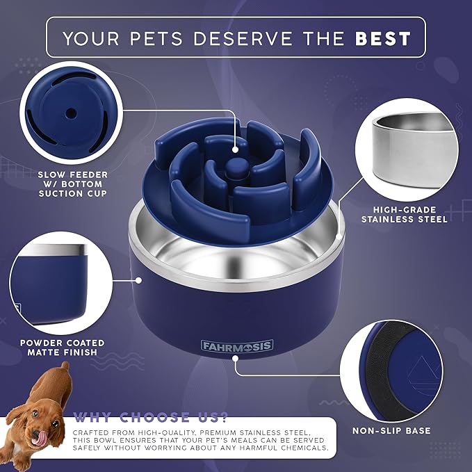 32 Oz Dog Bowl with Slow Feeder Insert Stainless Steel Pet Water Bowl for Medium & Large Breed Non Slip Rubber Base & Plastic Puzzle Feeder - Navy Blue