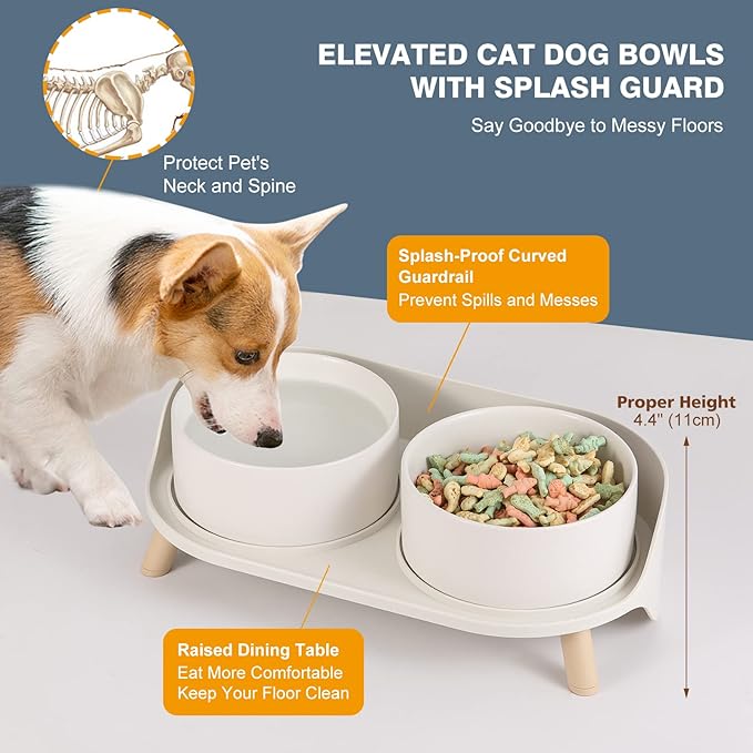 Elevated Ceramic Dog Bowl Set - Double Dog Feeding Bowls with Stand Splash Proof - Raised Dishes for Food and Water - Ideal for Small to Medium Dogs - 2 x 850 ml - 28.74 oz