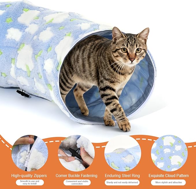 Cat Tunnels for Indoor Cats, 35'' Plush Cat Tunnel Bed with Playful Ball and Circle Cushion, Multifunctional Peekaboo Cat Cave, Interactive Toy Gift for Cats, Kittens, Rabbits, Blue&Cloud