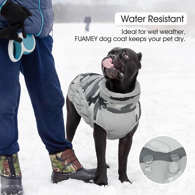 FUAMEY Dog Coat for Large Dogs,Waterproof Dog Winter Jacket with Harness Built in Puppy Cold Weather Coats Reflective Pet Vest with Zipper Warm Fleece Dogs Snowsuit Windproof Grey Camo XXL