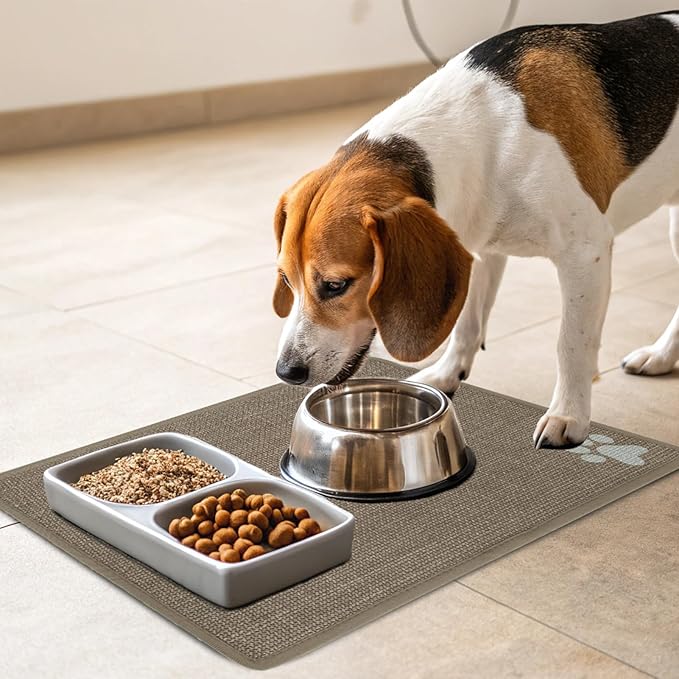 PUPTECK Dog Food Mat, Absorbent Pet Cat Feeding Mat for Food and Water Bowls, Anti-Slip Dog Placemat for Floors Waterproof, Pet Supplies Accessories, Khaki L