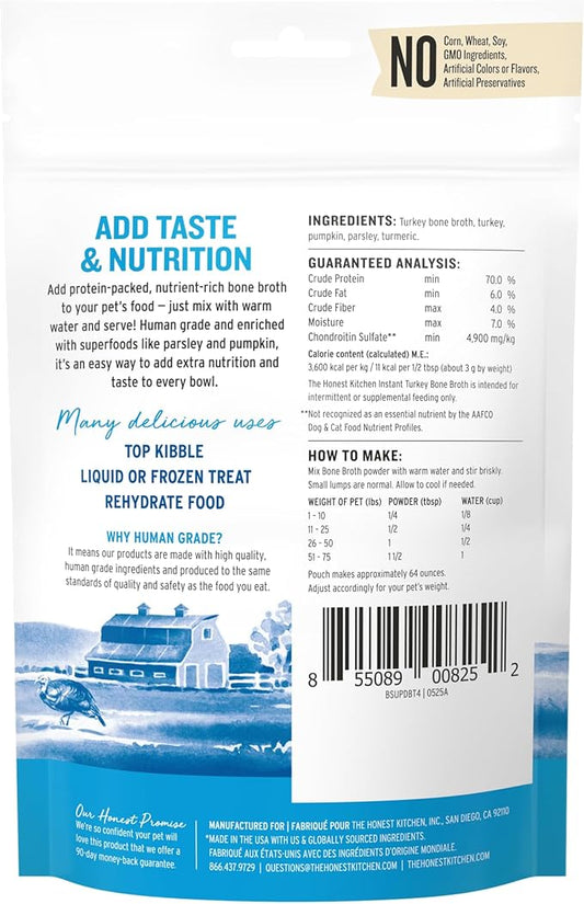The Honest Kitchen Human Grade Daily Boosters: Instant Turkey Bone Broth With Turmeric, 3.6 Oz