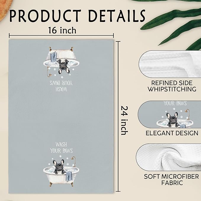 Funny French Bulldog Frenchie Hand Towels for Bathroom, Wash Your Paws Hand Towels, French Bulldog Dog Themed Dish Tea Towel for Kitchen Bathroom Decor, Frenchie Gifts for Women Men, 16x24 in