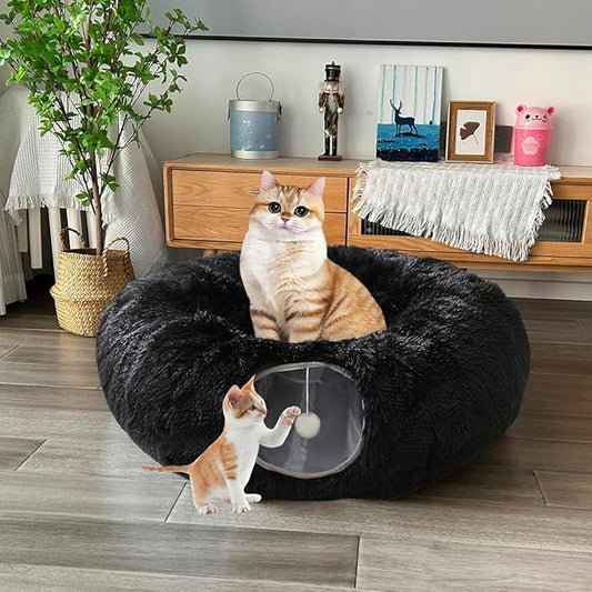 Cat Bed Tunnel Tube Toy Black Plush Round, Collapsible Pet Tunnels for Indoor Cats, Interactive Toys Play Tubes with Hanging Ball for Kitty, Puppy, Rabbit for Fun Playtime & Exercise