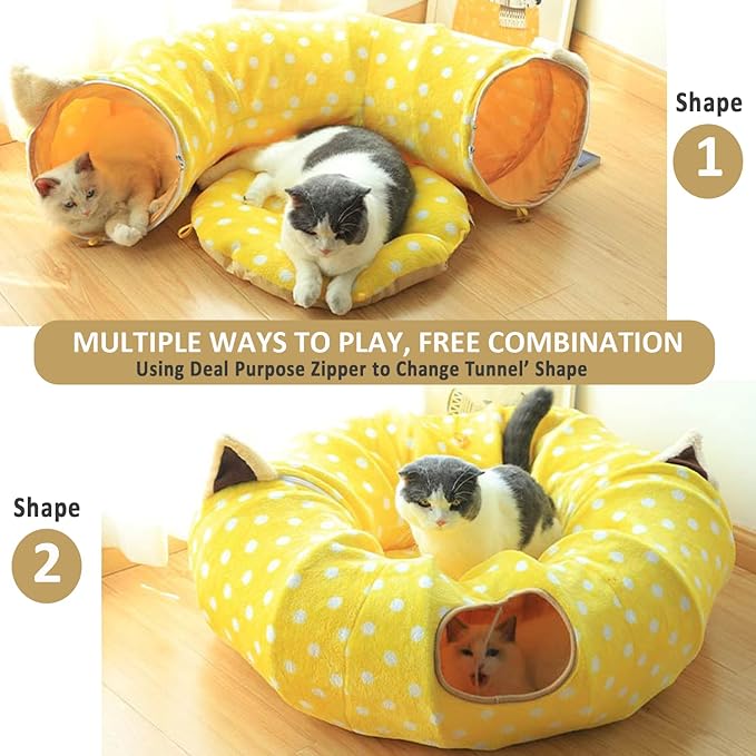 AUOON Cat Tunnel Bed for Indoor Cats - Large Cat Donut Tunnel with Hanging Ball Toy, Collapsible 2-in-1 Multifunctional Interactive Cat Toy for Kitten, Puppy, Rabbit, Ferret (Pink)