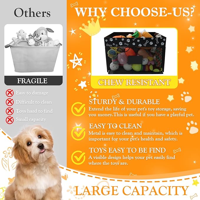 Indestructible Dog Toy Basket,Chew Proof Metal Dog Toy Box,Large Dog Toy Bin with Ventilated Mesh,Basket for Dog Toys for Leash,Accessories,Blanket Food Storage Container(Black)