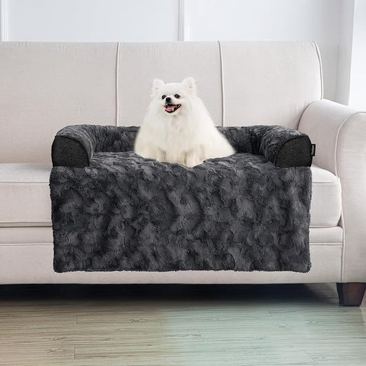Calming Medium Dog Bed for Couch, 35 x 31 inch Removable Couch Cover for Dogs Washable, Non-Slip Fluffy Plush Dog Sofa Mat for Furniture Protector - Dark Grey