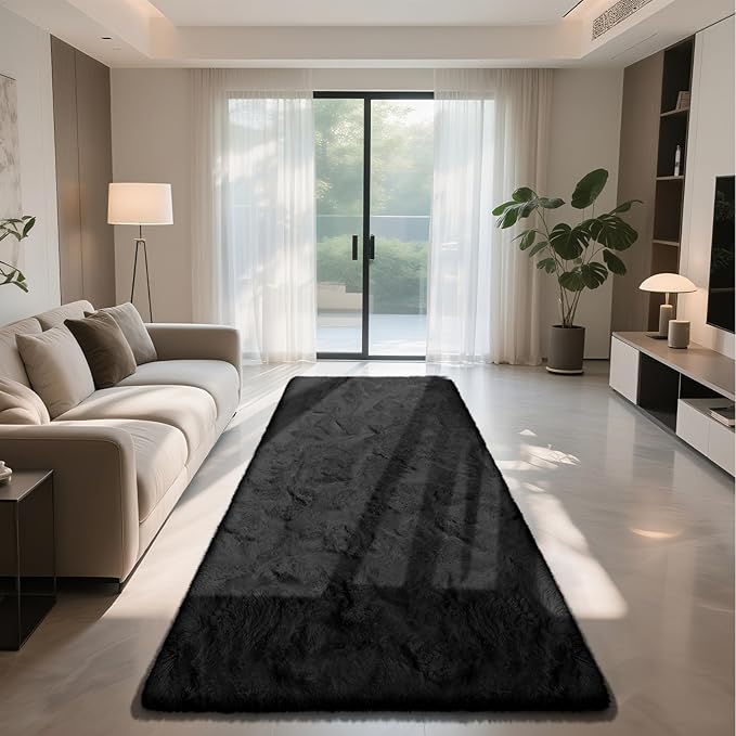 Soft Runner Rugs for Bedroom, Black 3x7 Area Rugs Fluffy Rug Shaggy Area Rug Carpet, Bedside Rug for Living Room Bedroom Kids Room Home Decor