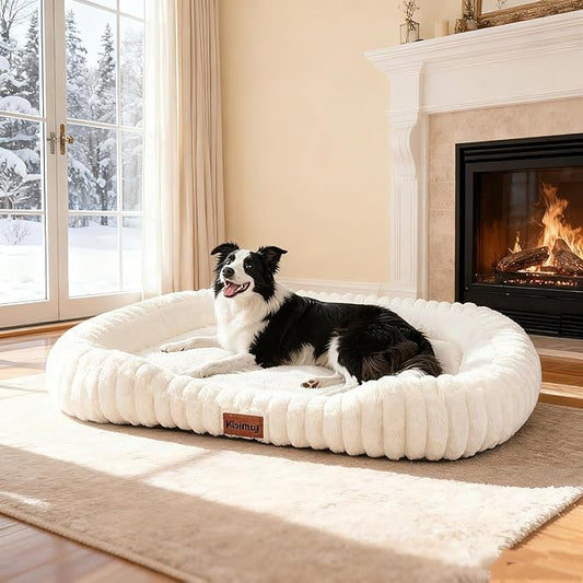 Washable Dog Bed for Extra Large Dogs - XL Soft Plush Furry Calming Dog Bed with Removable Zipper Cover, Orthopedic Rectangle Anti-Anxiety Pet Kennel Bed with Handle, 43x31x5inches, Cream
