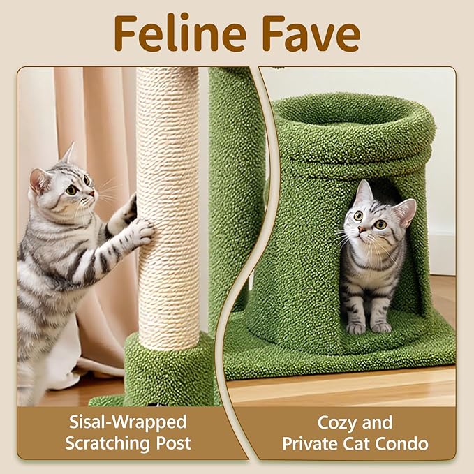 Cat Tree Tower Scratching Post Stand for Indoor, 41" Compact Palm Tree Kitten House Condo with Cozy Bed for Small Cats, Space Saving Design, Supports Climber Scratch Playing and Rest