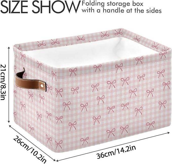 Wamika Pink Cherry Bow Storage Basket with Waterproof Liner and PU Handles Coquette Bowknot Storage Bins Boxes 14.2" Collapsible Decorative Organizer Baskets for Bedroom Closet Office 2 Pack