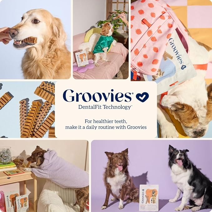 Groovies Flexible, Yet Moderately Tough Daily Dog Dental Chews. Powered by USA-Patented DentalFit Technology. No Added Gluten, No Artificial Flavors or Colors. Original 27oz Large (27Chews)