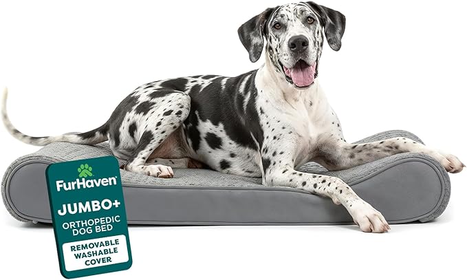 Furhaven Orthopedic Dog Bed for Large Dogs w/ Removable Washable Cover, For Dogs Up to 150 lbs - Ultra Plush Faux Fur & Suede Luxe Lounger Contour Mattress - Gray, Jumbo Plus/XXL