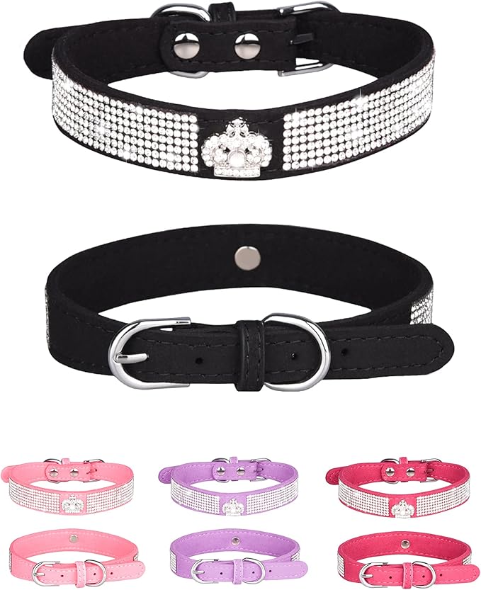 Bling Dog Collar for Small Medium Large Dogs, Crown Rhinestone Dog Collars for Girl and boy Dog, Diamond Puppy Collars, Adjustable Leather Suede SOFE Cat Collar (XS(8.2"-10.6"/21CM-27CM), Black)