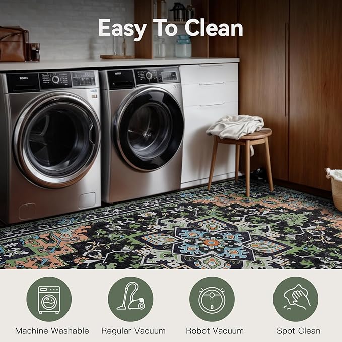 Lofus 3x5 Area Rugs for Living Room, Machine Washable Area Rug, Soft Small Rugs for Bedroom, Kitchen, Office and Indoor, Vintage Boho Carpet, Non-Slip Low Pile Carpets, Dark Green