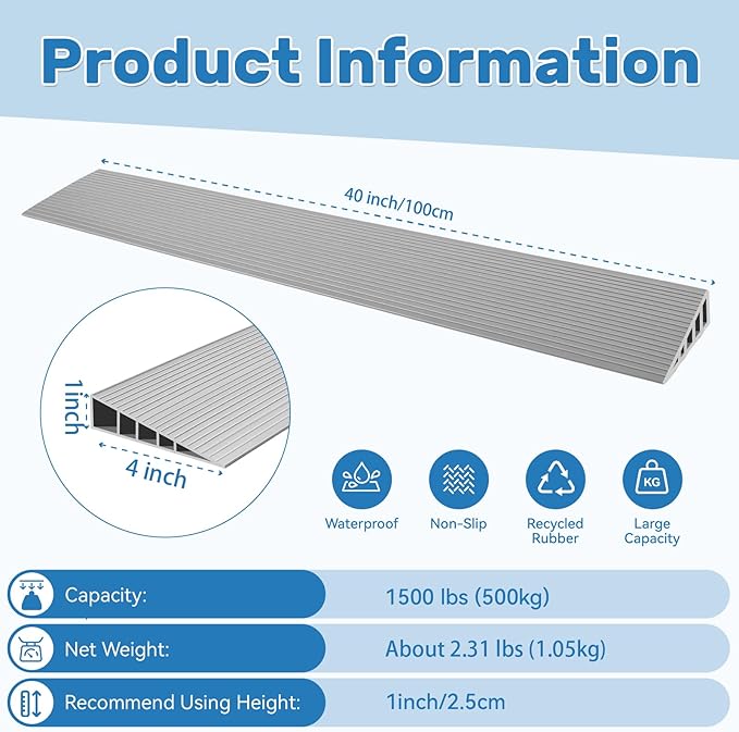 1" Rise Threshold Ramps Floor Transition Strip Self-Adhesive 40'' L Wheelchairs Ramps for Doorways, 2 PC Edge Door Threshold Reducer Transition Strips for Home (Grey)