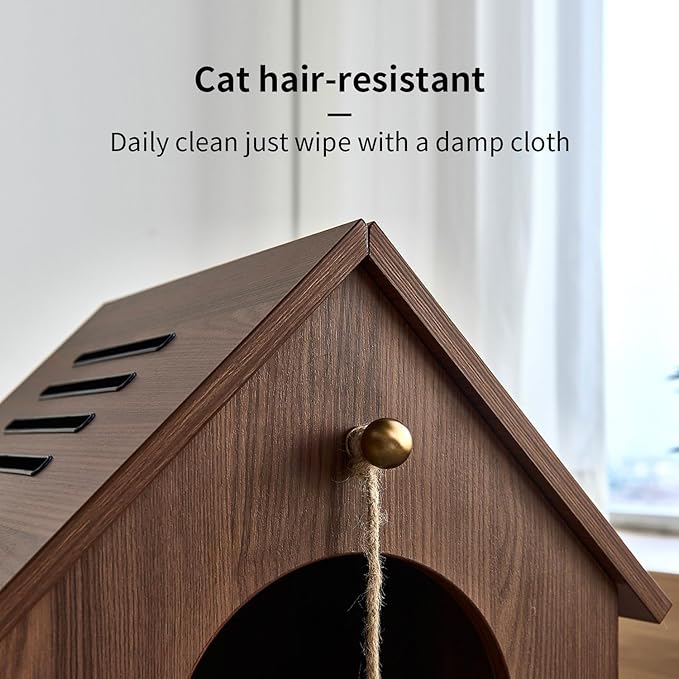 Cat House for Indoor Cats - Modern Wooden Covered Cat Cave Bed, Sturdy & Durable Cat Hideaway Hanging Ball Toy & Warm Plush Mat Included, Easy Assembly – Follow Video or Instruction Manual.