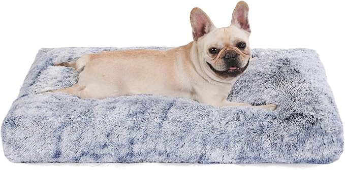 Bedfolks Waterproof Crate Bed With Removable Washable Cover, Plush Faux Fur Pad for Medium Dogs, Fluffy Kennel Bed 29"x21", Dark Blue