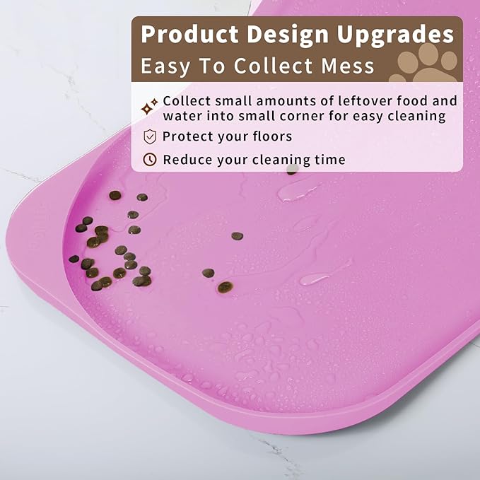 Silicone Pet Food Mat with Raised Edge for Food and Water Bowl, Dog Feeding Mats, Cat Food Trays for Floor Waterproof, Rubber Tray for Dogs and Cats, 17 x 12 x 0.7 Pink