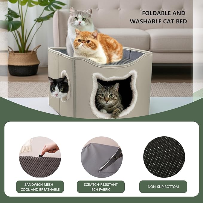 Cat Beds for Indoor Cats, Large Cat Houses with Cozy Condo,with Premium Tech Fabric& Scratch Pad, Round Window, Foldable Indoor Cat House Hold Up to 30LBS, with Reversible Cushion for Multi Small Pet