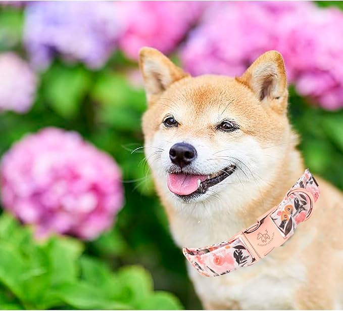 Elegant little tail Dog Collar, Pink Floral Pattern Pet Collar Summer Durable Cute Dog Collars Male or Female Pet Gift Adjustable Dog Collar for X-Large Dogs