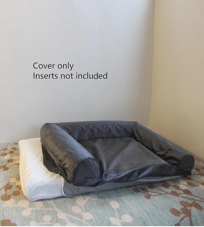 Dog Bed Cover with Bolster Grey Velvet for DIY 30 x 20 Inch Dog Beds