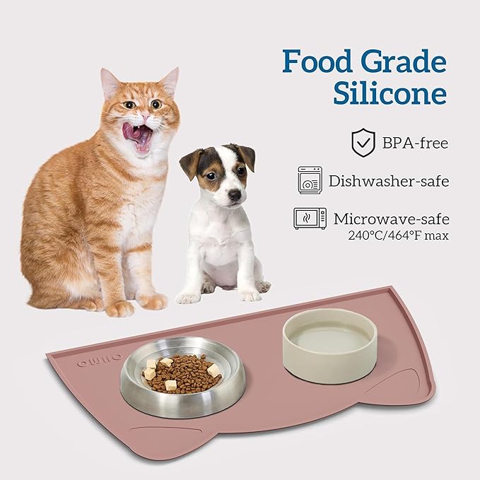 OHMO - Cat Food Mat, Silicone Pet Feeding Mat for Floor Non-Skid Waterproof Dog Water Bowl Tray, Easy to Clean Pet Placemat (Rose, 18 * 9.8'')