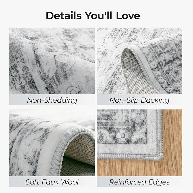 Washable Grey White Area Rugs 6x9 for Bedroom, Soft Faux Wool Carpets for Living Room Dining Room, Neutral Vintage Distressed Non Slip Stain Resistant Rug for Home Office Decor